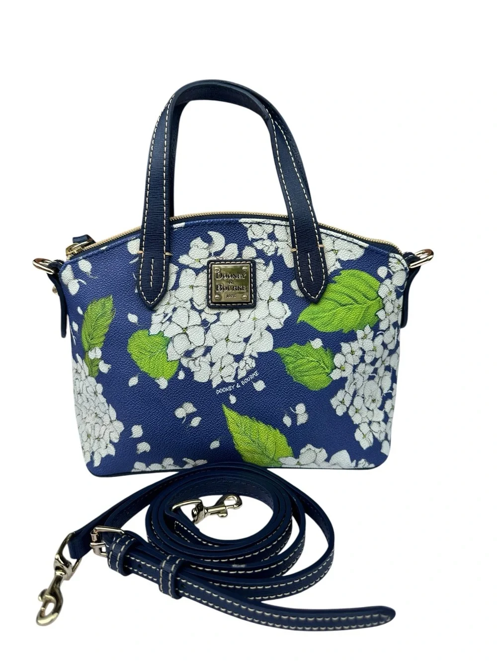 Dooney & Bourke Navy Blue Floral Small Domed Satchel with White Hydrangeas